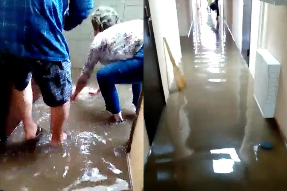 Жильцы дома по улице Генерала Петрова, 31 вычерпывают воду из подъезда
