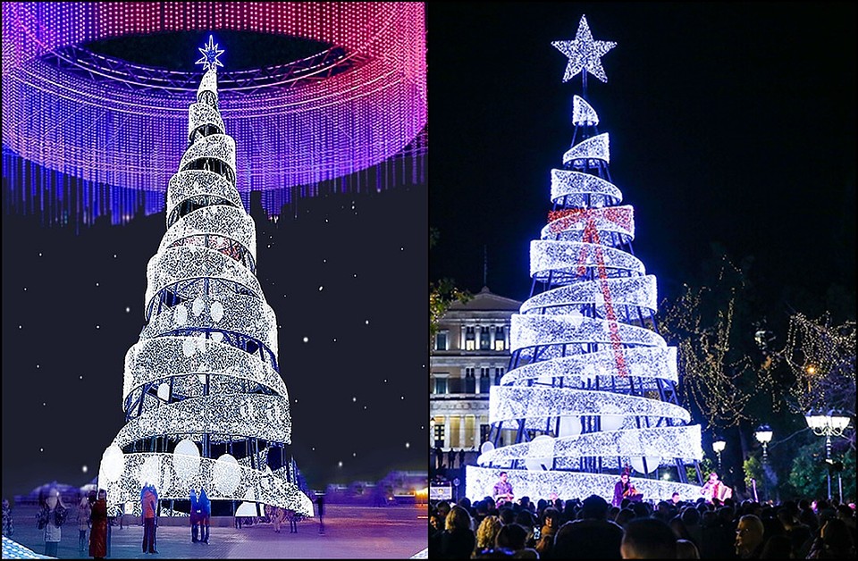 Елка в Минске в 2018 году (слева). Елка в Афинах в 2017 году. Фото:rupor.gr и МГИ благоустройства и городского дизайна