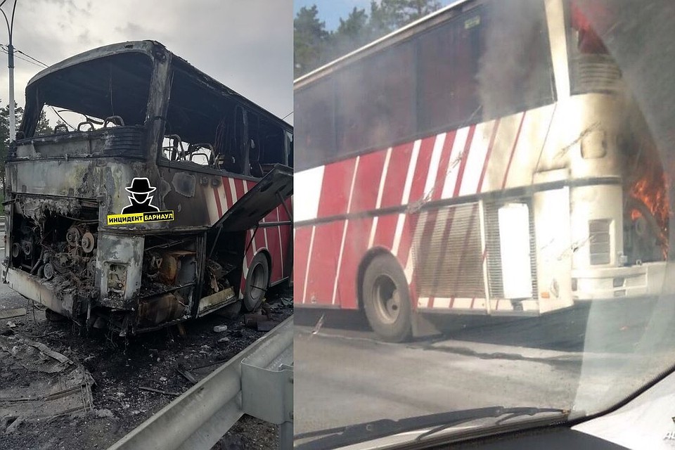 Автобус вспыхнул по дороге из Бийска в Новосибирск. Фото: «Инцидент Барнаул», «АСТ-54».