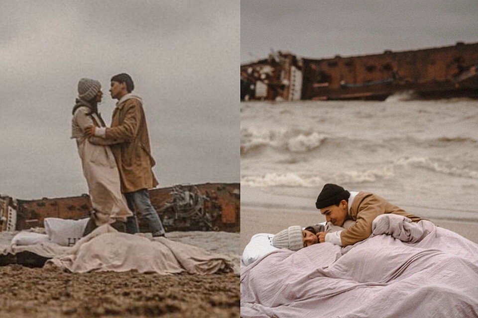 Фотосессия на фоне затонувшего танкера.