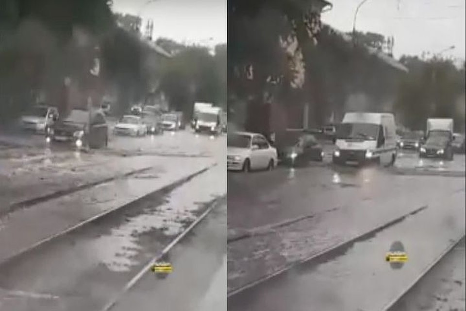 На улице Мира из-за дождя случился настоящий потоп. Фото: Кадр из видео