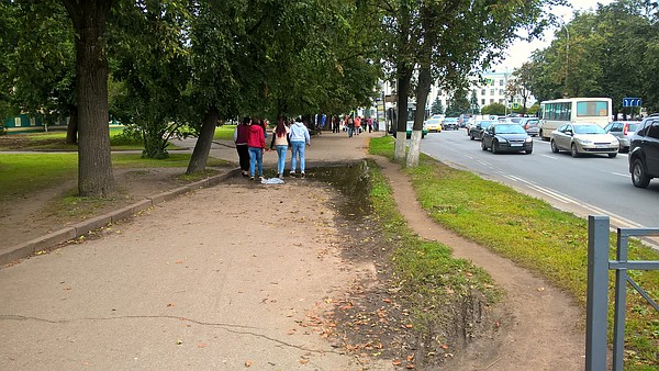 На тротуаре в центре Пскова ни пройти ни проехать. У горожан два варианта: шагать по луже или топтать газон.