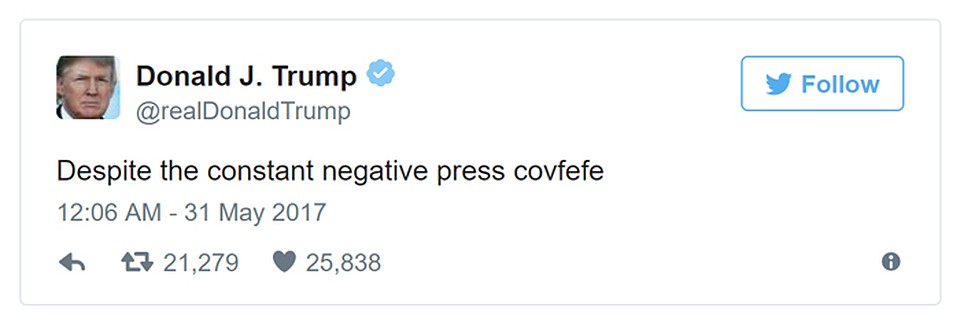 Странное слово “сovfefe” появилось 31 мая в твиттере президента США Дональда Трампа