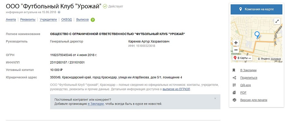 Данные о новом футбольном клубе Фото: скриншот с сайта www.rusprofile.ru