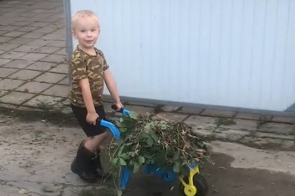 Антон обожает помогать дедушке на даче. У мальчика есть маленькая тачка и грабельки. Фото: из личного архива Ольги Пейганович.