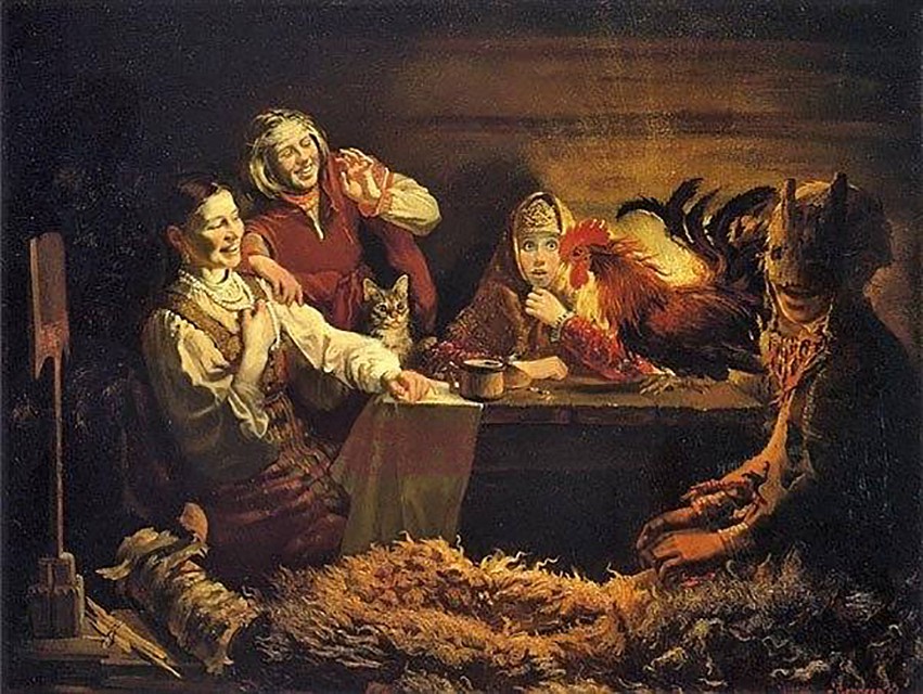 Часто гадали с петухом, как на этой картине Константина Маковского. Девушки рассыпали зерно, запускали петуха, а несклеванные им зерна подсчитывали: если получалось четное число – готовились к замужеству.