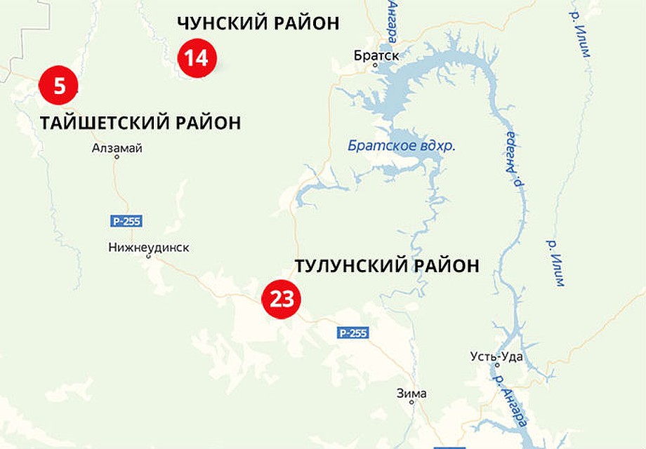 Карта наводнений в Иркутской области по состоянию на 2 июля. В Тулунском районе затоплено 23 населенных пункта, в Чунском – 14, в Тайшетском – 5. Фото: "Яндекс Карты"
