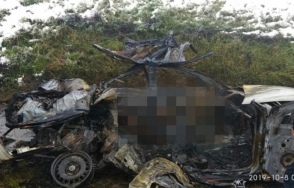 Автомобиль с людьми сгорел на трассе Вологда-Череповец. Фото: пресс-служба областного УМВД.