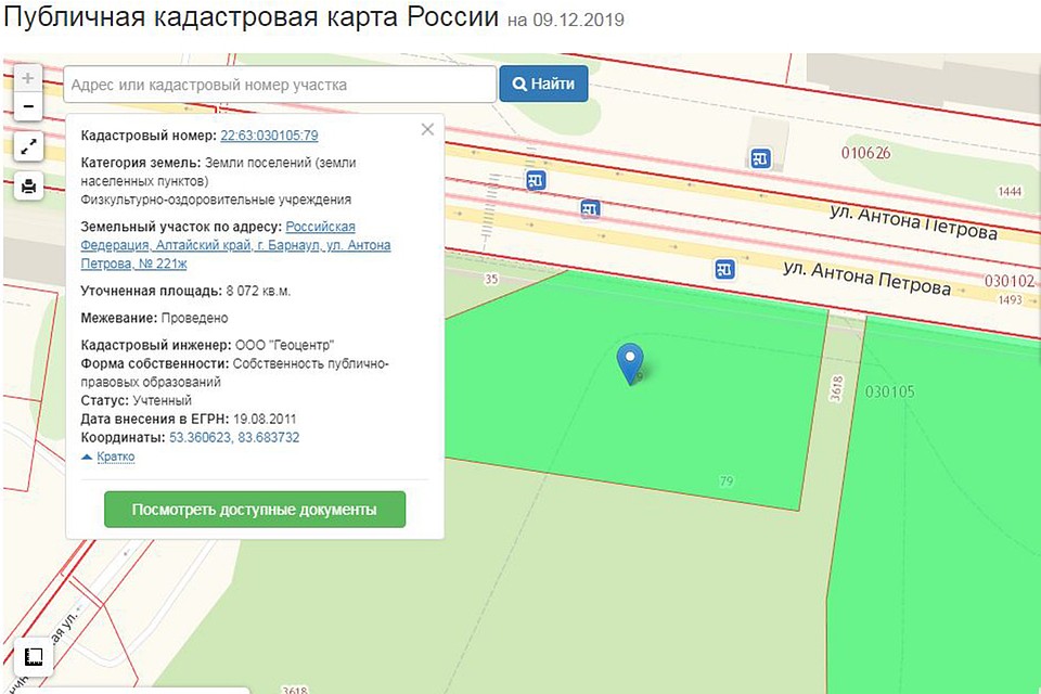 Территория парка под застройку (фото: Публичная кадастровая карта России)