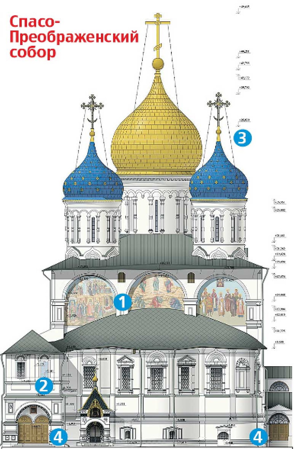 Восстановят наружную роспись с фигурами святых (1), исторические окна XVII века (2), обновят купола (3) и вход в храм (4). Фото: mos.ru.