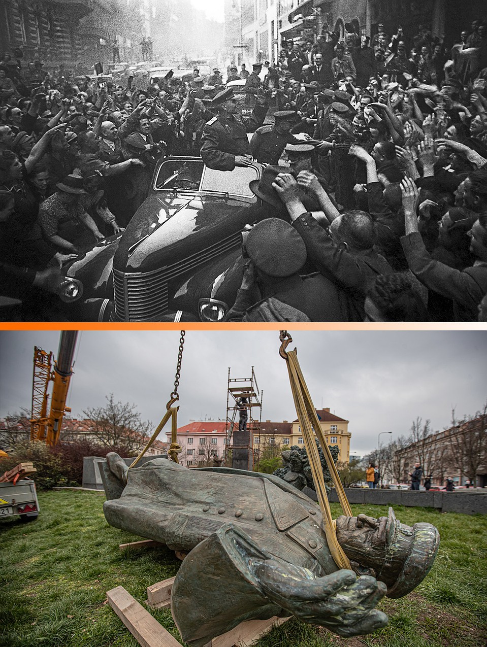 Верхний снимок: Прага, весна 1945 г. Жители города приветствуют Маршала Советского Союза Ивана Конева. Нижний снимок: Прага, весна 2020 г. Демонтаж памятника маршалу Советского Союза Ивану Коневу в шестом районе Праги. Фото: EPA/MARTIN DIVISEK/ТАСС