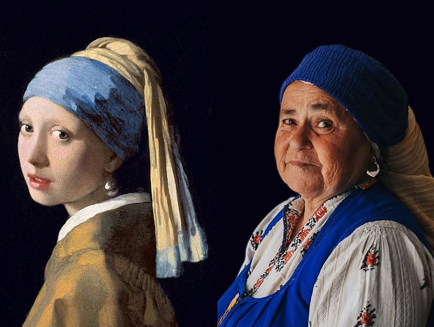 "Девушка с жемчужной серёжкой" (1665 г.) — одна из наиболее известных картин нидерландского художника Яна Вермеера. "Бабушка с золотой серёжкой" (2020 г.) Фото: Iliu Sha