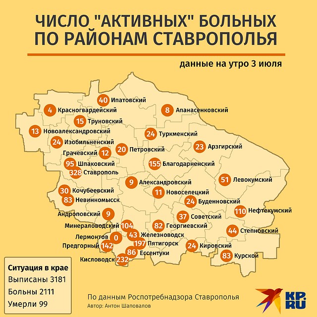 Число "активных" пациентов в каждом районе Ставрополья. Данные на утро 3 июля. Источник информации: Роспотребнадзор Фото: Антон ШАПОВАЛОВ
