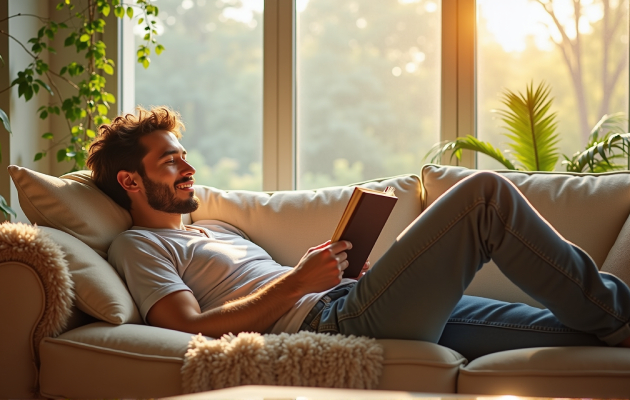 Парень с больным гролом лежит на диване и читает книгу