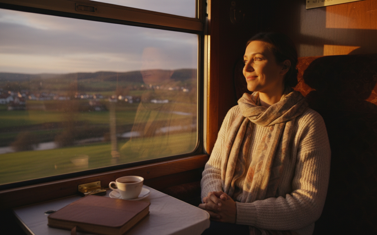 Девушка едет в поезде и о чем-то вспоминает