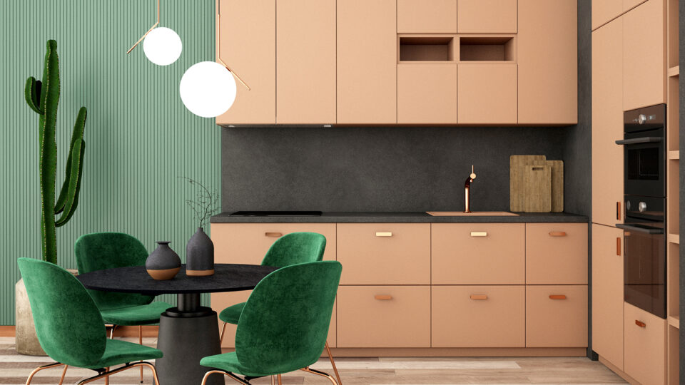 Для акцентов в зеленой кухне можно использовать один из оттенков красного, например, персиковый, брусничный или винный. Фото: Ume illustration / Shutterstock / Fotodom