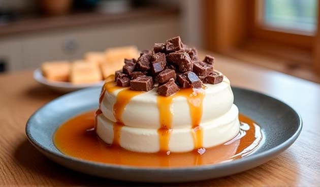 Крем-десерт с кусочками шоколада и карамельным соусом
