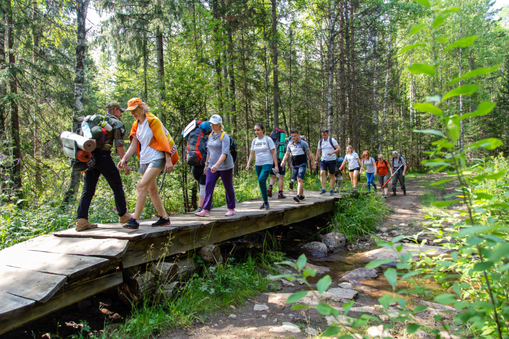люди идут по мосту