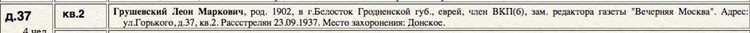 Последний адрес репрессированного в 1937-м году