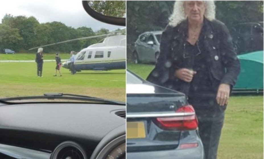 Гитарист Queen Брайан Мэй приземлился на вертолете на поле для крикета. Фото: Facebook Мик Дэвидсон